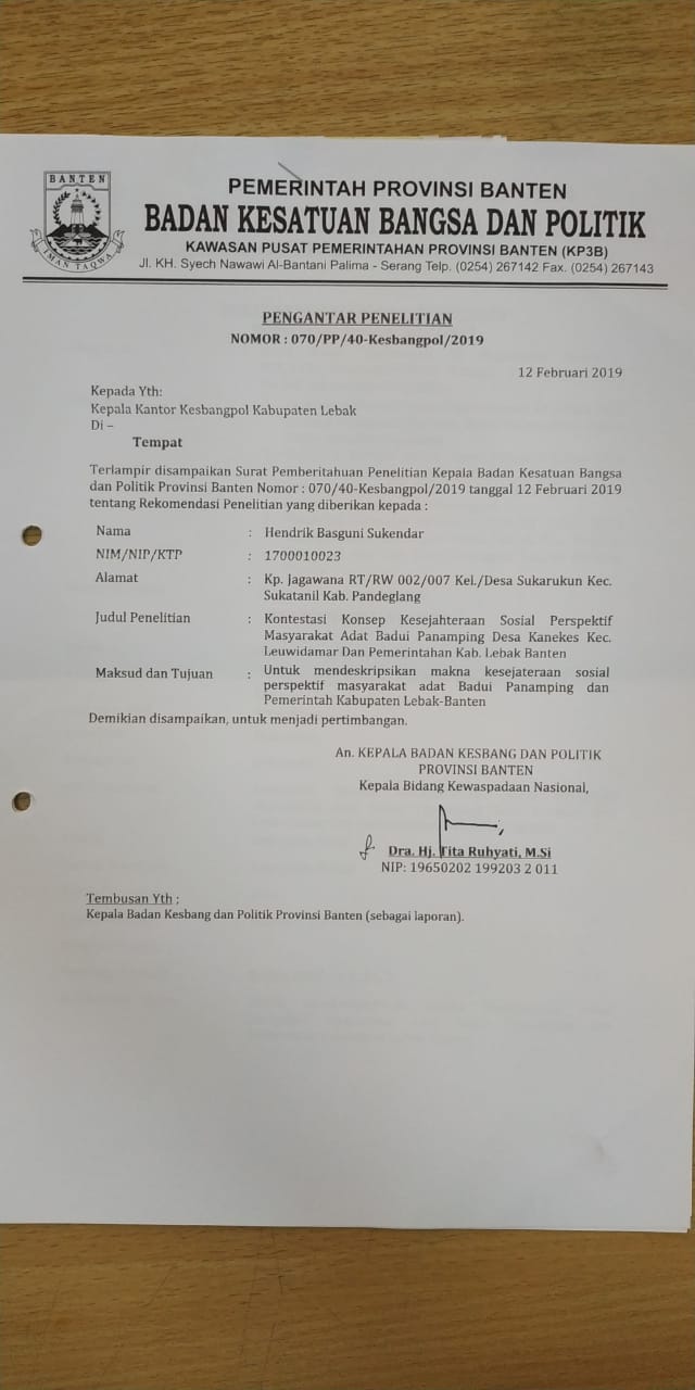 Penerbitan Surat Ijin Penelitian oleh Badan Kesbangpol Provinsi Banten pertanggal 12 Februari 2019